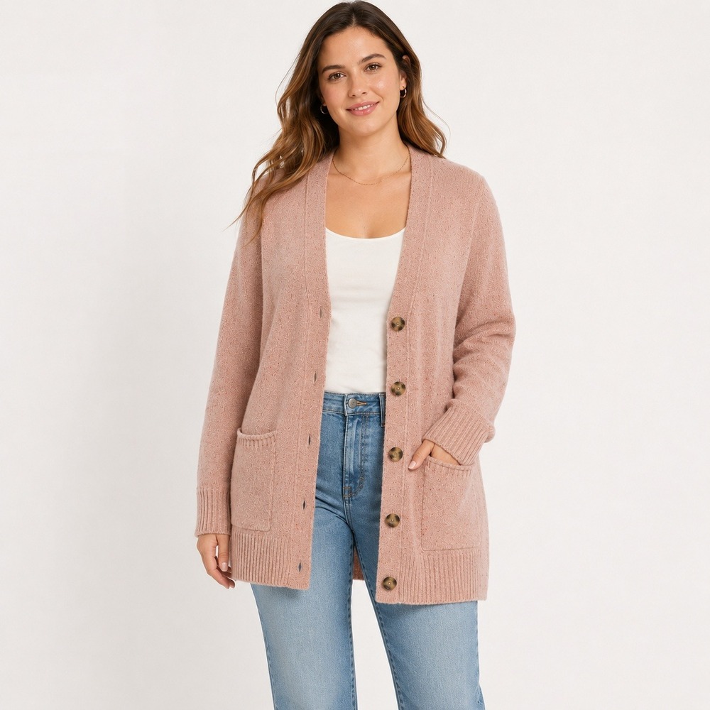 Madewell XXS Pink 100% Merino Wool Button Front V-Neck Cardigan Sweater Pocket